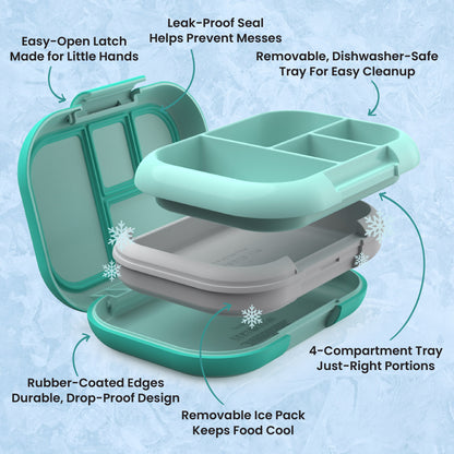 Bentgo® Chill Kids Lunch Box - Aqua | Easy-Open Latch Made for Little Hands, Leak-Proof Seal Helps Prevent Messes, Removable, Dishwasher-Safe Tray for Easy Cleanup, 4-Compartment Tray Just-Right Portions, Removable Ice Pack Keeps Food Cool, and Rubber-Coated Edges - Durable, Drop-Proof Design