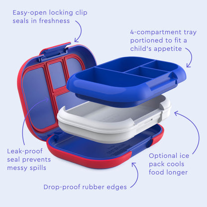 Bentgo® Chill Kids Lunch Box - Royally Blue | Easy-Open Locking Clip Seals In Freshness, 4-Compartment Tray Portioned To Fit A Child's Appetite, Leak-Proof Seal Prevents Messy Spills, Optional Ice Pack Cools Food Longer, And Drop-Proof Rubber Edges