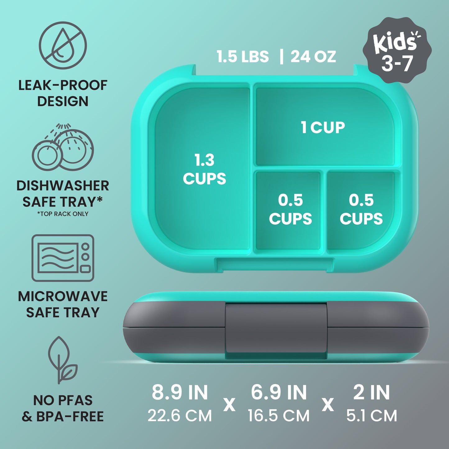 Bentgo® Chill Kids Lunch Box - Electric Aqua | Kids 3-7 | Leak-Proof Design, Dishwasher Safe Tray (Top-Rack Only), Microwave Safe Tray, and No PFAS & BPA-Free | Product Dimensions