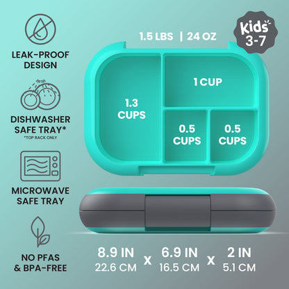 Bentgo® Chill Kids Lunch Box - Electric Aqua | Kids 3-7 | Leak-Proof Design, Dishwasher Safe Tray (Top-Rack Only), Microwave Safe Tray, and No PFAS & BPA-Free | Product Dimensions