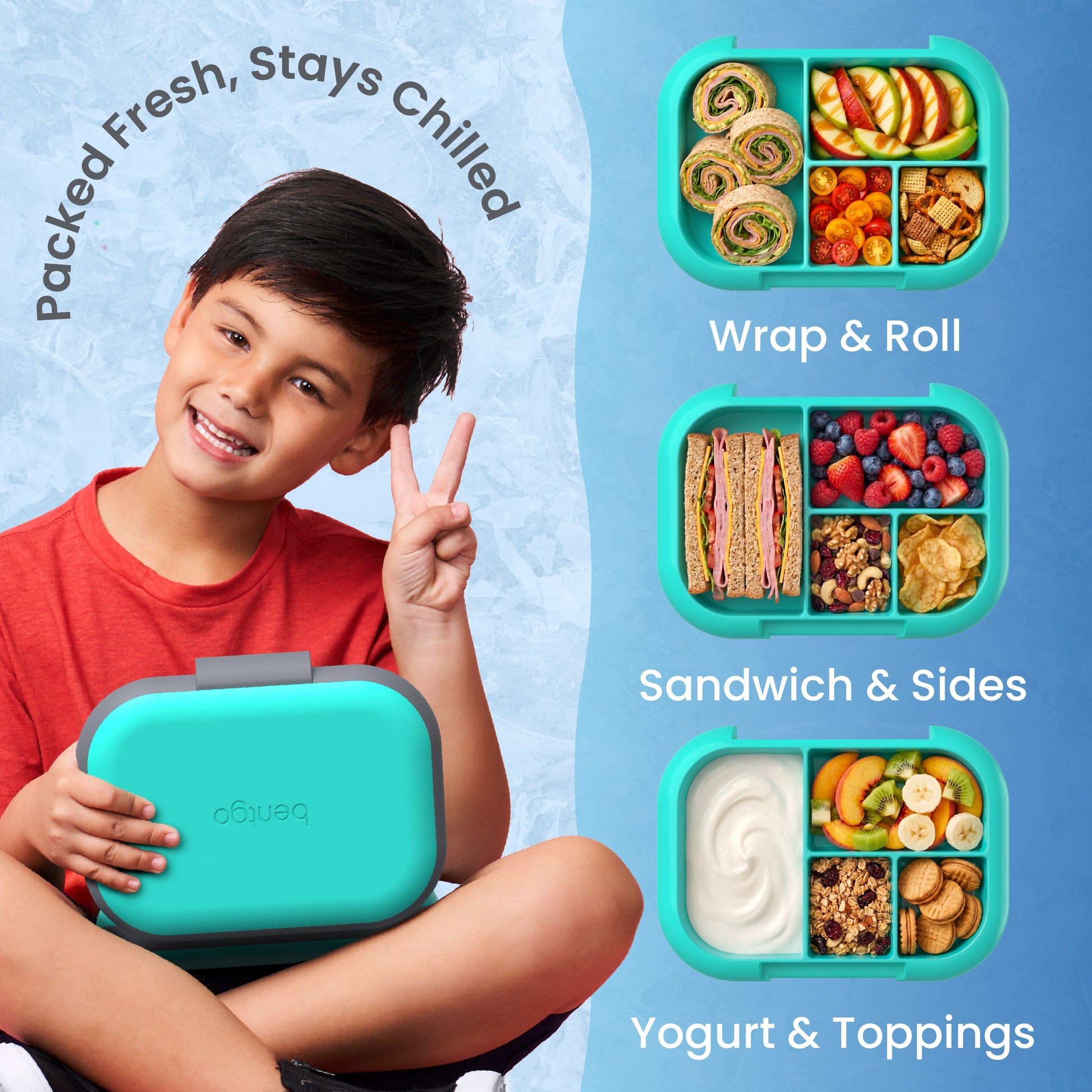 Bentgo® Chill Kids Lunch Box - Electric Aqua | Packed Fresh, Stays Chilled - Wrap & Roll, Sandwich & Sides, and Yogurt & Toppings
