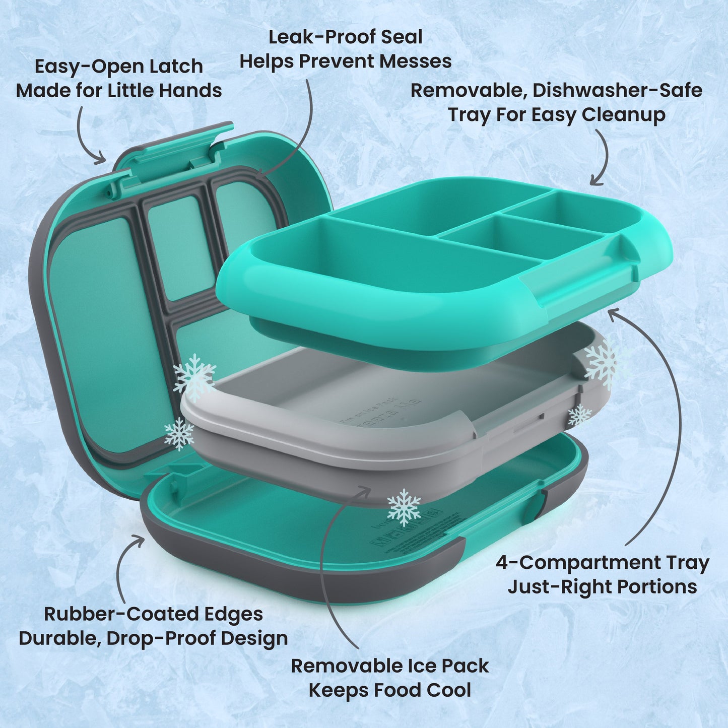 Bentgo® Chill Kids Lunch Box - Electric Aqua | Easy-Open Latch Made for Little Hands, Leak-Proof Seal Helps Prevent Messes, Removable, Dishwasher-Safe Tray for Easy Cleanup, 4-Compartment Tray Just-Right Portions, Removable Ice Pack Keeps Food Cool, and Rubber-Coated Edges - Durable, Drop-Proof Design
