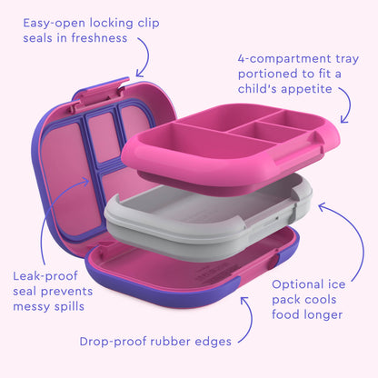 Bentgo® Chill Kids Lunch Box - Electric Pink | Easy-Open Locking Clip Seals In Freshness, 4-Compartment Tray Portioned To Fit A Child's Appetite, Leak-Proof Seal Prevents Messy Spills, Optional Ice Pack Cools Food Longer, And Drop-Proof Rubber Edges