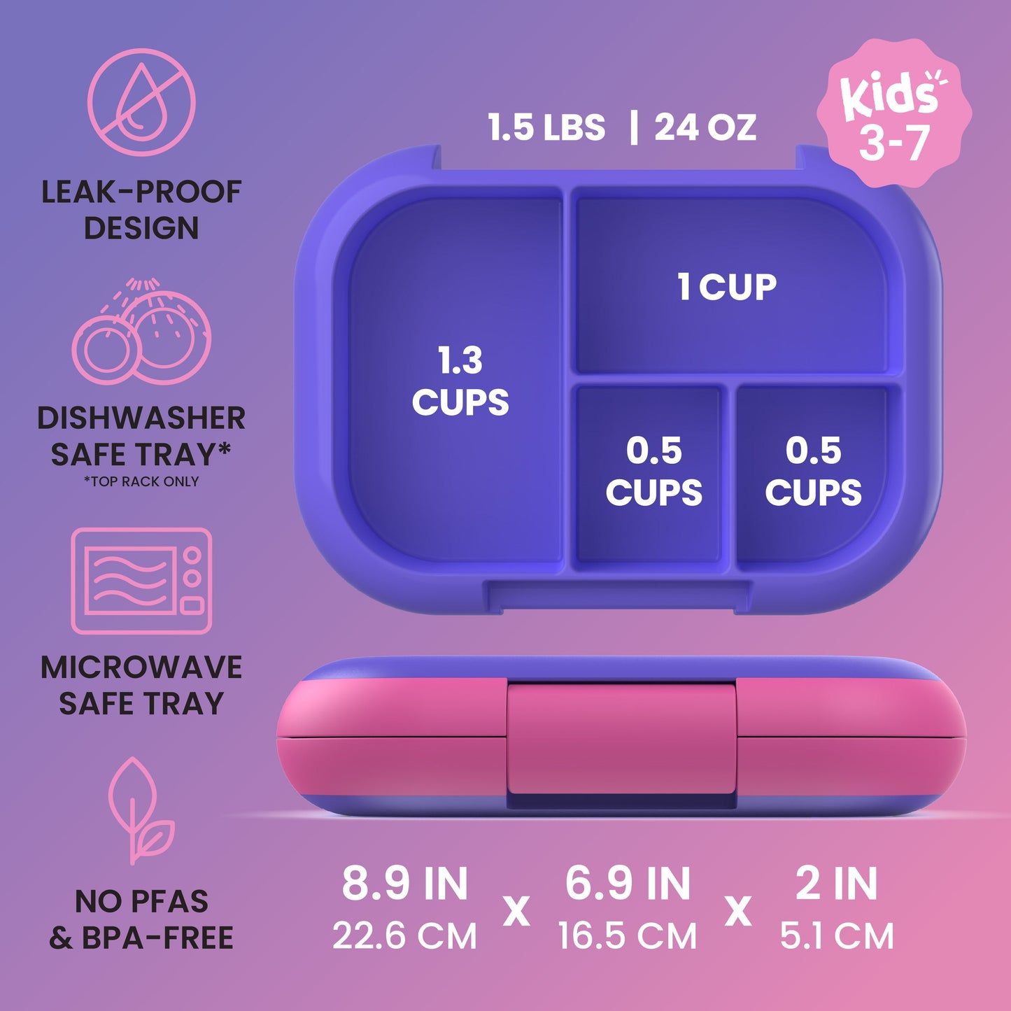 Bentgo® Chill Kids Lunch Box - Electric Violet | Kids 3-7 | Leak-Proof Design, Dishwasher Safe Tray (Top-Rack Only), Microwave Safe Tray, and No PFAS & BPA-Free | Product Dimensions
