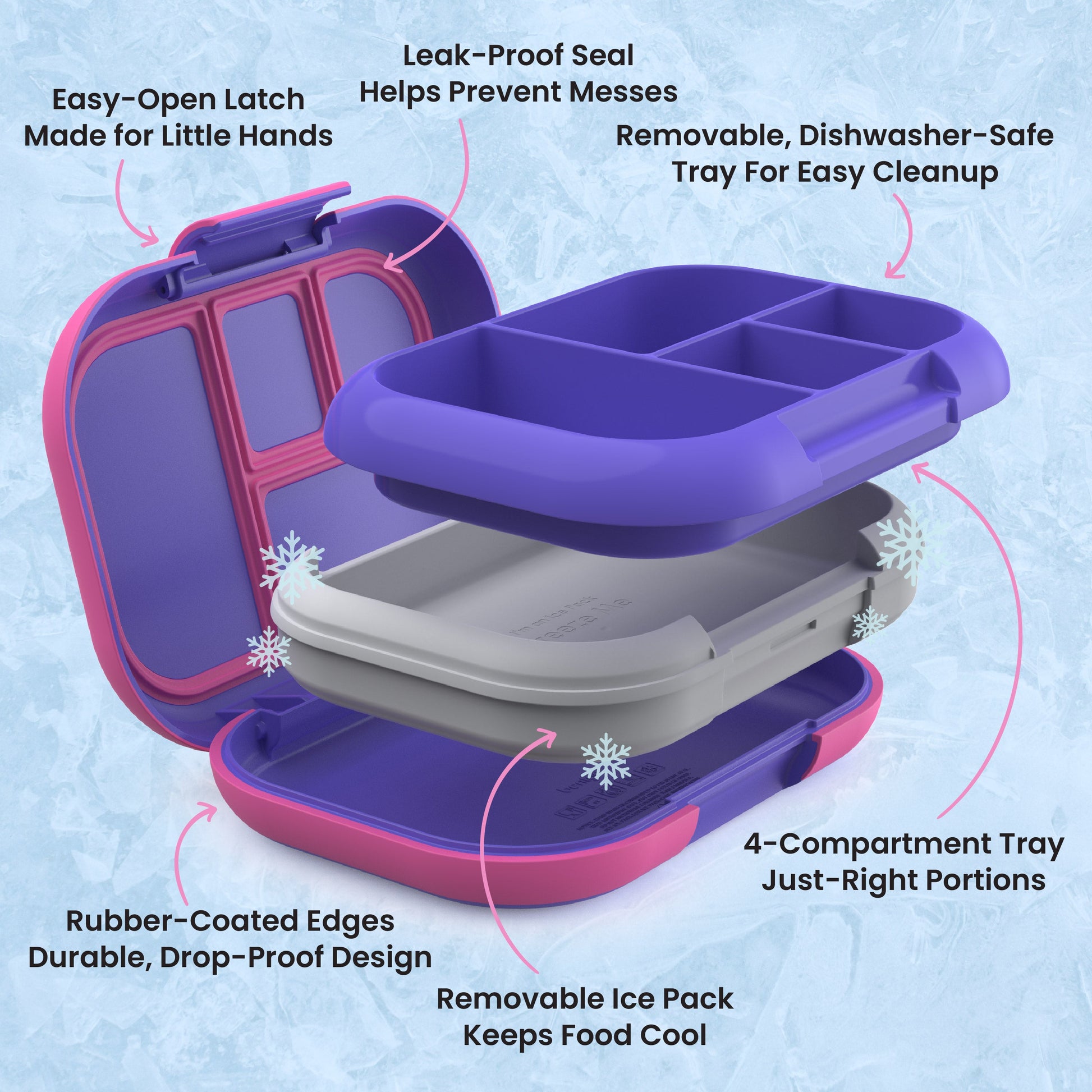 Bentgo® Chill Kids Lunch Box - Electric Violet | Easy-Open Latch Made for Little Hands, Leak-Proof Seal Helps Prevent Messes, Removable, Dishwasher-Safe Tray for Easy Cleanup, 4-Compartment Tray Just-Right Portions, Removable Ice Pack Keeps Food Cool, and Rubber-Coated Edges - Durable, Drop-Proof Design