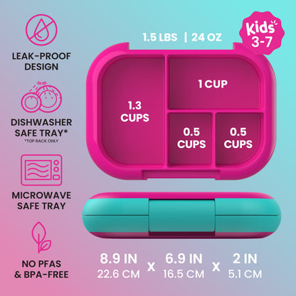 Bentgo® Chill Kids Lunch Box - Fuchsia/Teal| Kids 3-7 | Leak-Proof Design, Dishwasher Safe Tray (Top-Rack Only), Microwave Safe Tray, and No PFAS & BPA-Free | Product Dimensions