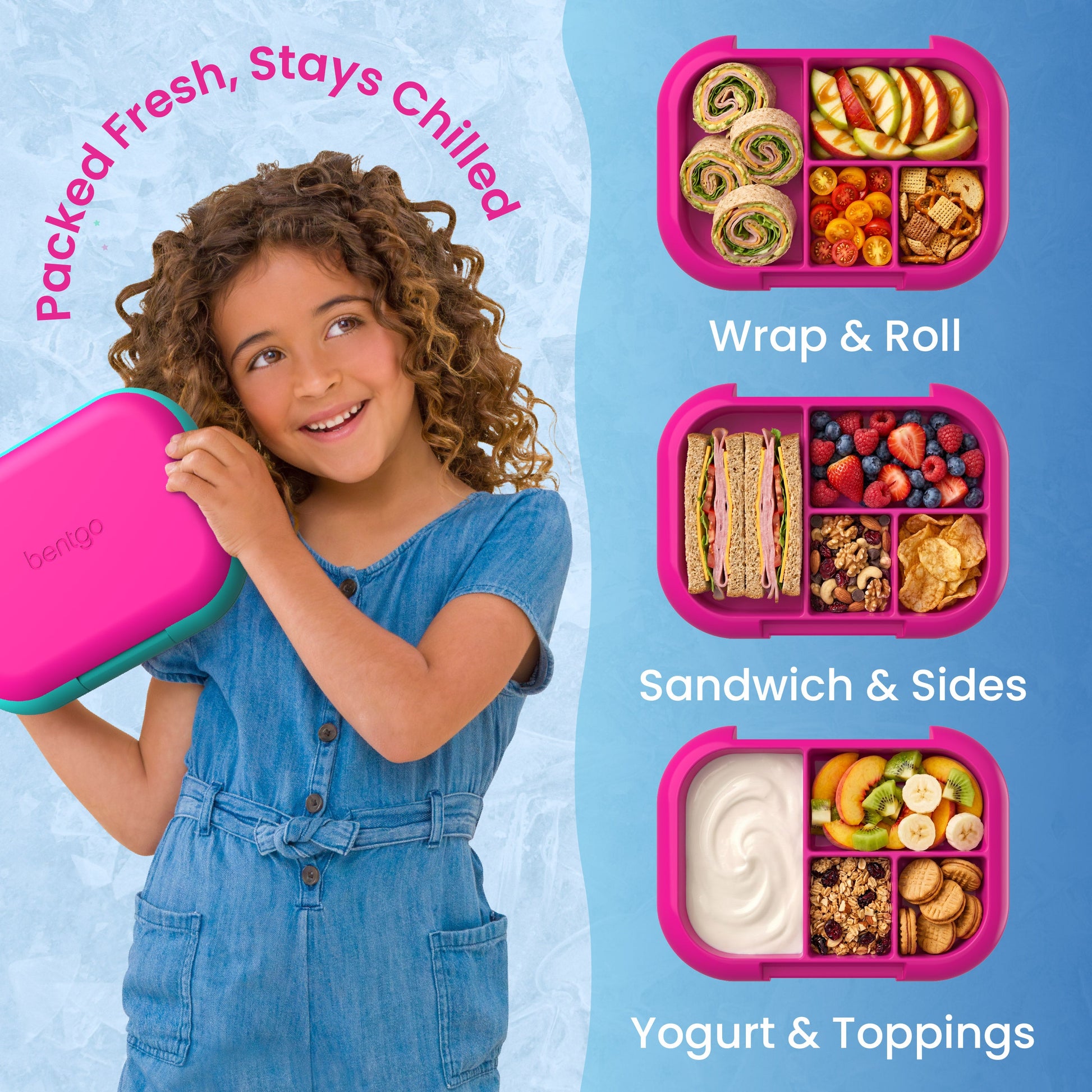 Bentgo® Chill Kids Lunch Box - Fuchsia/Teal | Packed Fresh, Stays Chilled - Wrap & Roll, Sandwich & Sides, and Yogurt & Toppings