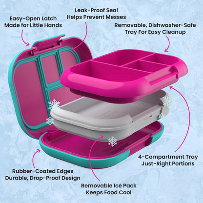 Bentgo® Chill Kids Lunch Box - Fuchsia/Teal | Easy-Open Latch Made for Little Hands, Leak-Proof Seal Helps Prevent Messes, Removable, Dishwasher-Safe Tray for Easy Cleanup, 4-Compartment Tray Just-Right Portions, Removable Ice Pack Keeps Food Cool, and Rubber-Coated Edges - Durable, Drop-Proof Design