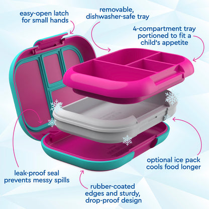 Bentgo® Chill Kids Lunch Box (2-Pack) - Fuchsia/Teal | Easy-Open Latch For Small Hands, Removable, Dishwasher-Safe Tray, 4-Compartment Tray Portioned To Fit A Child’s Appetite, Leak-Proof Seal Prevents Messy Spills, Optional Ice Pack Cools Food Longer, Rubber-Coated Edges And Sturdy, Drop-Proof Design