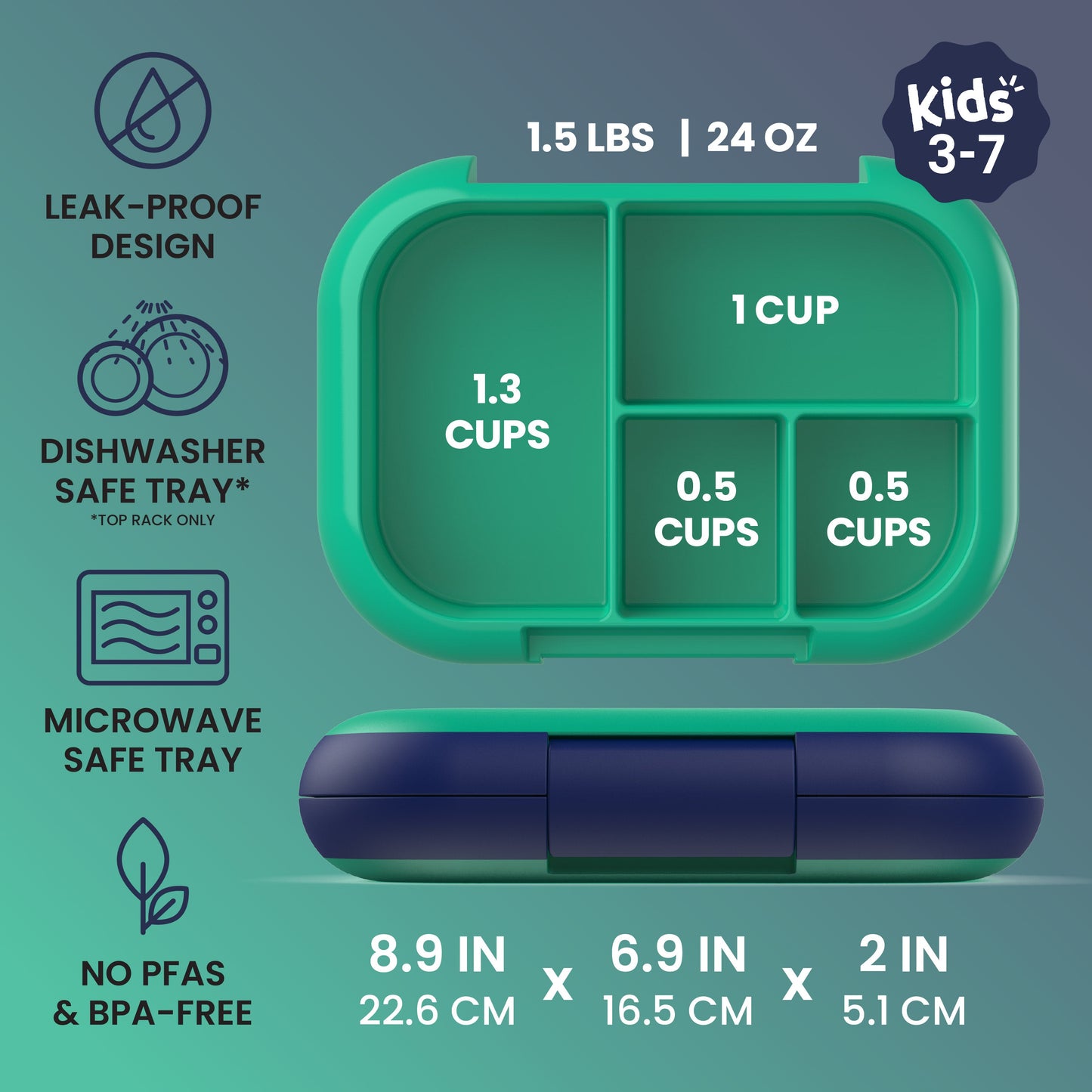 Bentgo® Chill Kids Lunch Box - Green/Navy | Kids 3-7 | Leak-Proof Design, Dishwasher Safe Tray (Top-Rack Only), Microwave Safe Tray, and No PFAS & BPA-Free | Product Dimensions