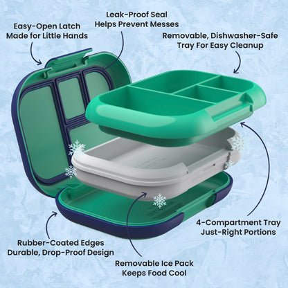 Bentgo® Chill Kids Lunch Box - Green/Navy | Easy-Open Latch Made for Little Hands, Leak-Proof Seal Helps Prevent Messes, Removable, Dishwasher-Safe Tray for Easy Cleanup, 4-Compartment Tray Just-Right Portions, Removable Ice Pack Keeps Food Cool, and Rubber-Coated Edges - Durable, Drop-Proof Design