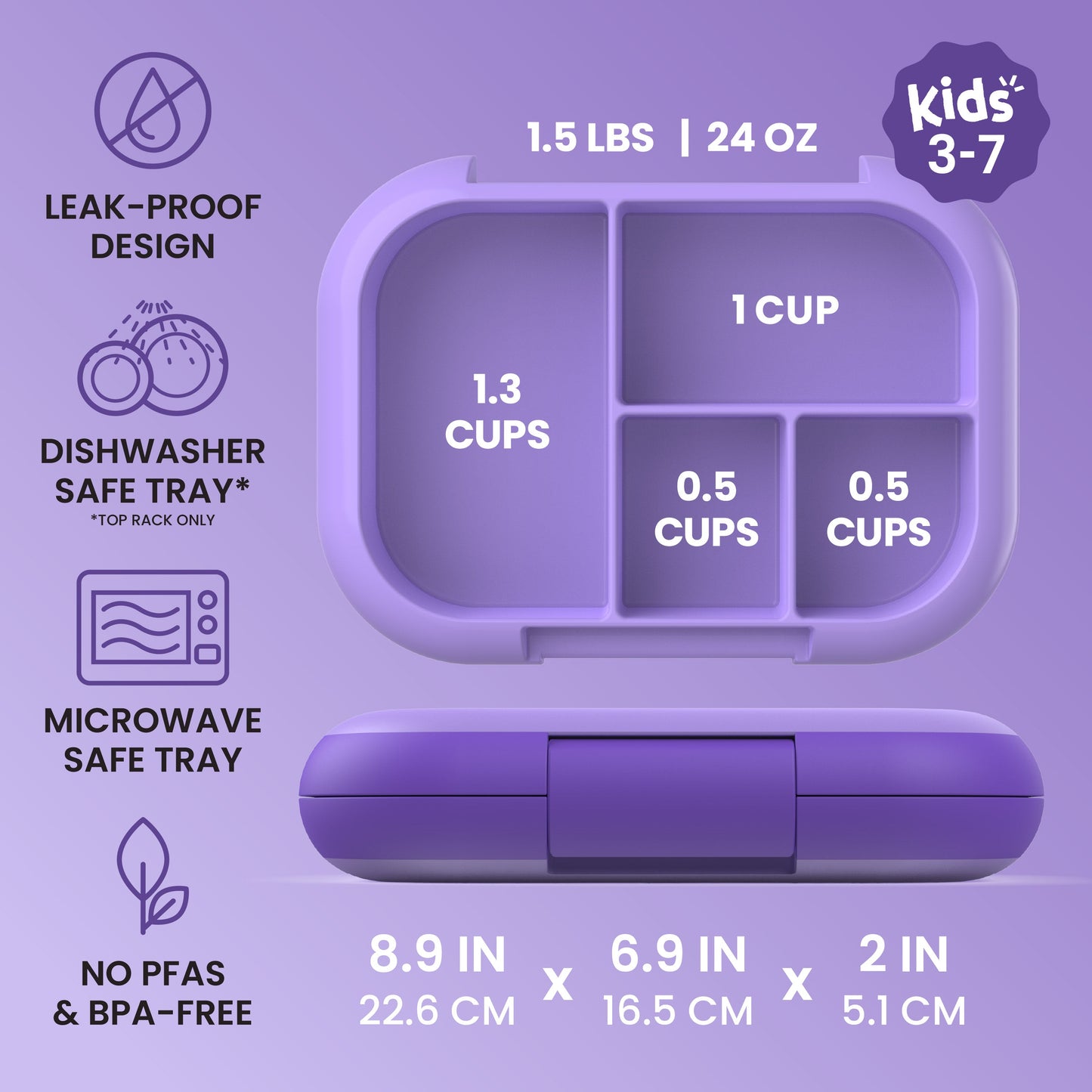 Bentgo® Chill Kids Lunch Box - Purple | Kids 3-7 | Leak-Proof Design, Dishwasher Safe Tray (Top-Rack Only), Microwave Safe Tray, and No PFAS & BPA-Free | Product Dimensions