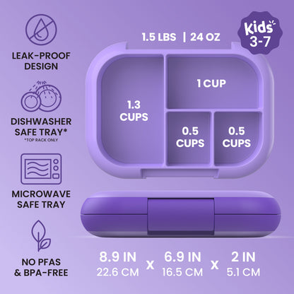 Bentgo® Chill Kids Lunch Box - Purple | Kids 3-7 | Leak-Proof Design, Dishwasher Safe Tray (Top-Rack Only), Microwave Safe Tray, and No PFAS & BPA-Free | Product Dimensions