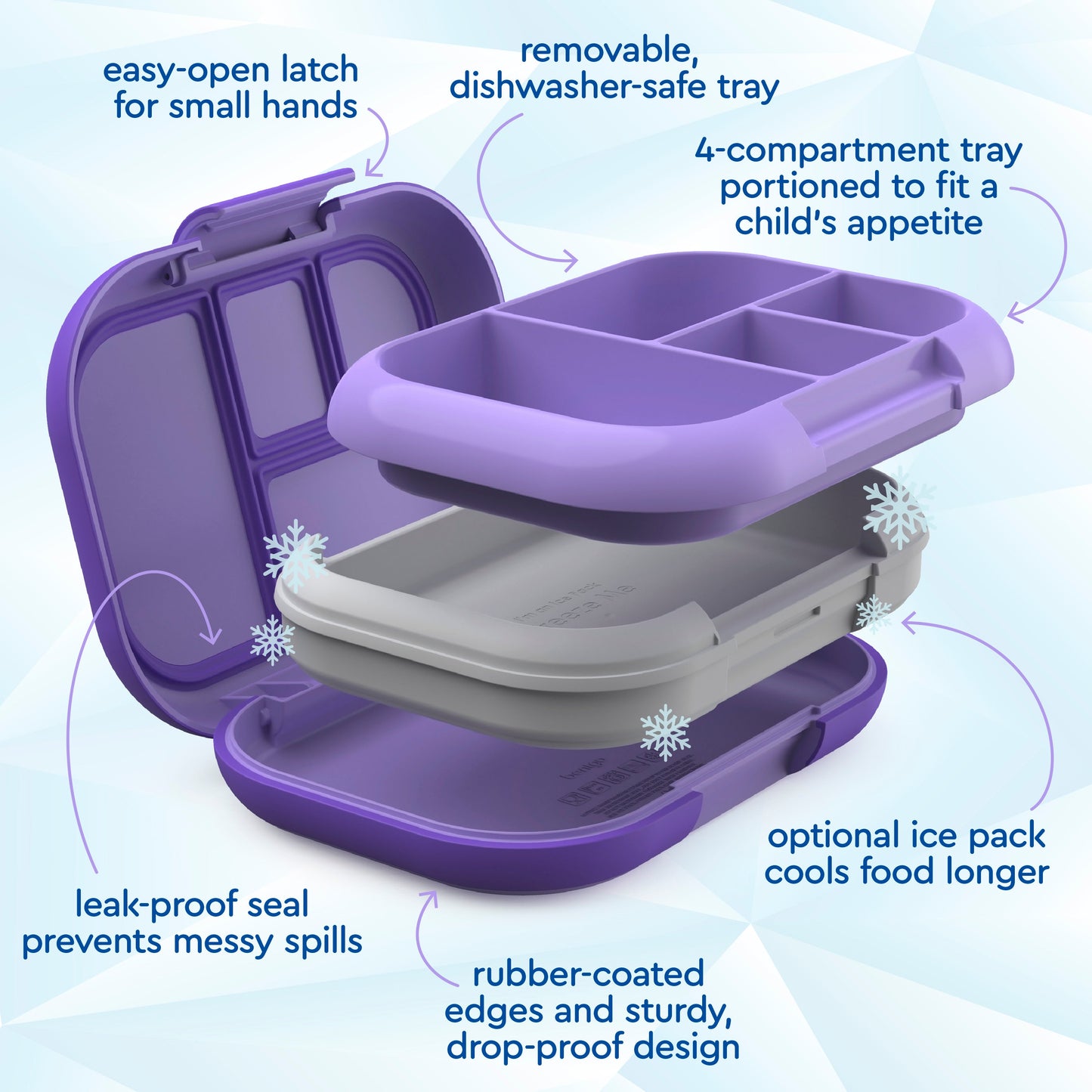 Bentgo® Chill Kids Lunch Box (2-Pack) - Purple | Easy-Open Latch For Small Hands, Removable, Dishwasher-Safe Tray, 4-Compartment Tray Portioned To Fit A Child’s Appetite, Leak-Proof Seal Prevents Messy Spills, Optional Ice Pack Cools Food Longer, Rubber-Coated Edges And Sturdy, Drop-Proof Design