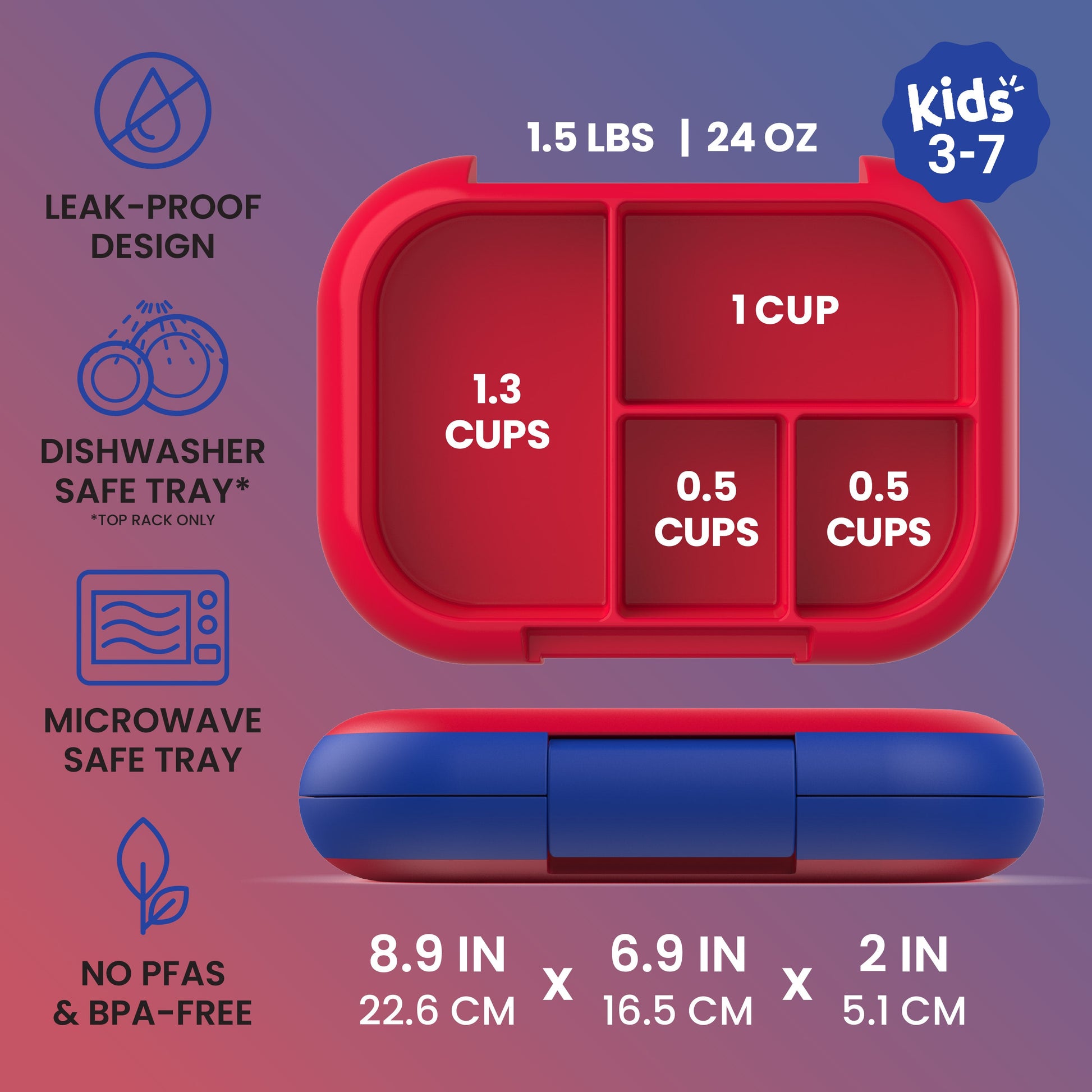 Bentgo® Chill Kids Lunch Box - Red/Royal | Kids 3-7 | Leak-Proof Design, Dishwasher Safe Tray (Top-Rack Only), Microwave Safe Tray, and No PFAS & BPA-Free | Product Dimensions
