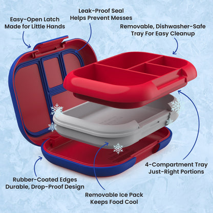 Bentgo® Chill Kids Lunch Box - Red/Royal | Easy-Open Latch Made for Little Hands, Leak-Proof Seal Helps Prevent Messes, Removable, Dishwasher-Safe Tray for Easy Cleanup, 4-Compartment Tray Just-Right Portions, Removable Ice Pack Keeps Food Cool, and Rubber-Coated Edges - Durable, Drop-Proof Design