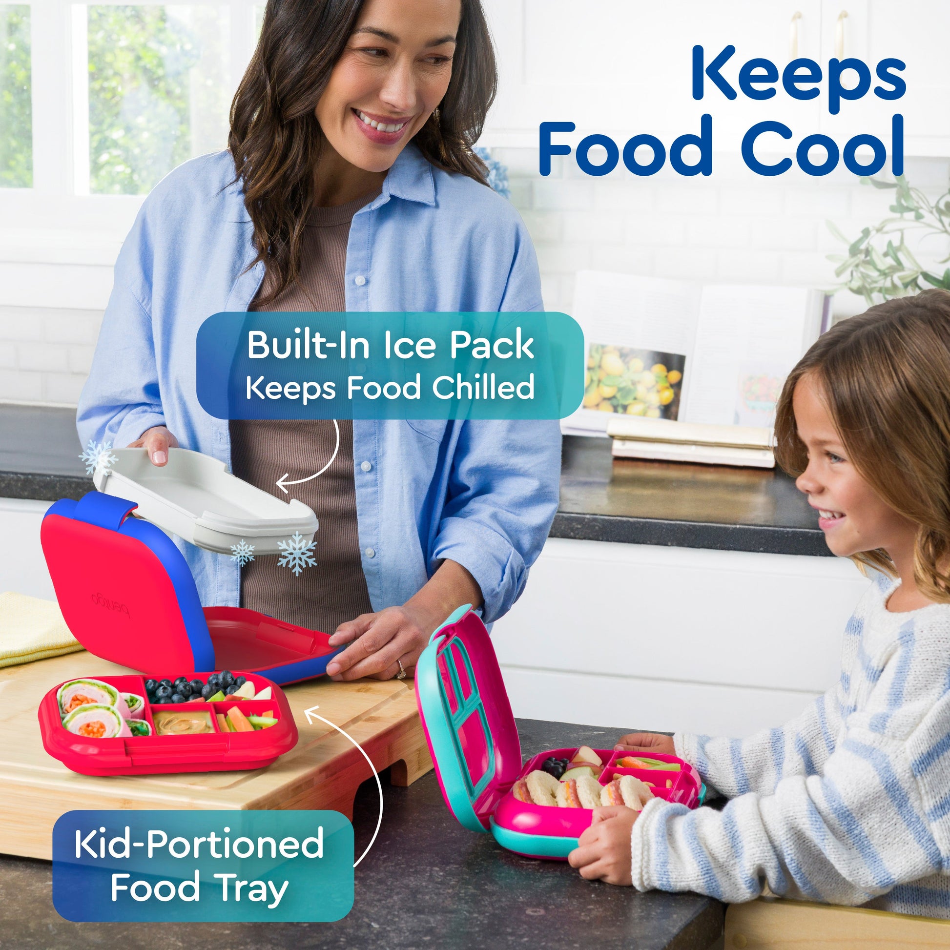 Bentgo® Chill Kids Lunch Box - Red/Royal | Built-In Ice Pack Keeps Food Chilled And Kid-Portioned Food Tray
