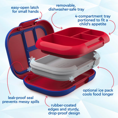 Bentgo® Chill Kids Lunch & Snack Box - Red/Royal | Easy-Open Latch For Small Hands, Removable, Dishwasher-Safe Tray, 4-Compartment Tray Portioned To Fit A Child’s Appetite, Leak-Proof Seal Prevents Messy Spills, Optional Ice Pack Cools Food Longer, Rubber-Coated Edges And Sturdy, Drop-Proof Design
