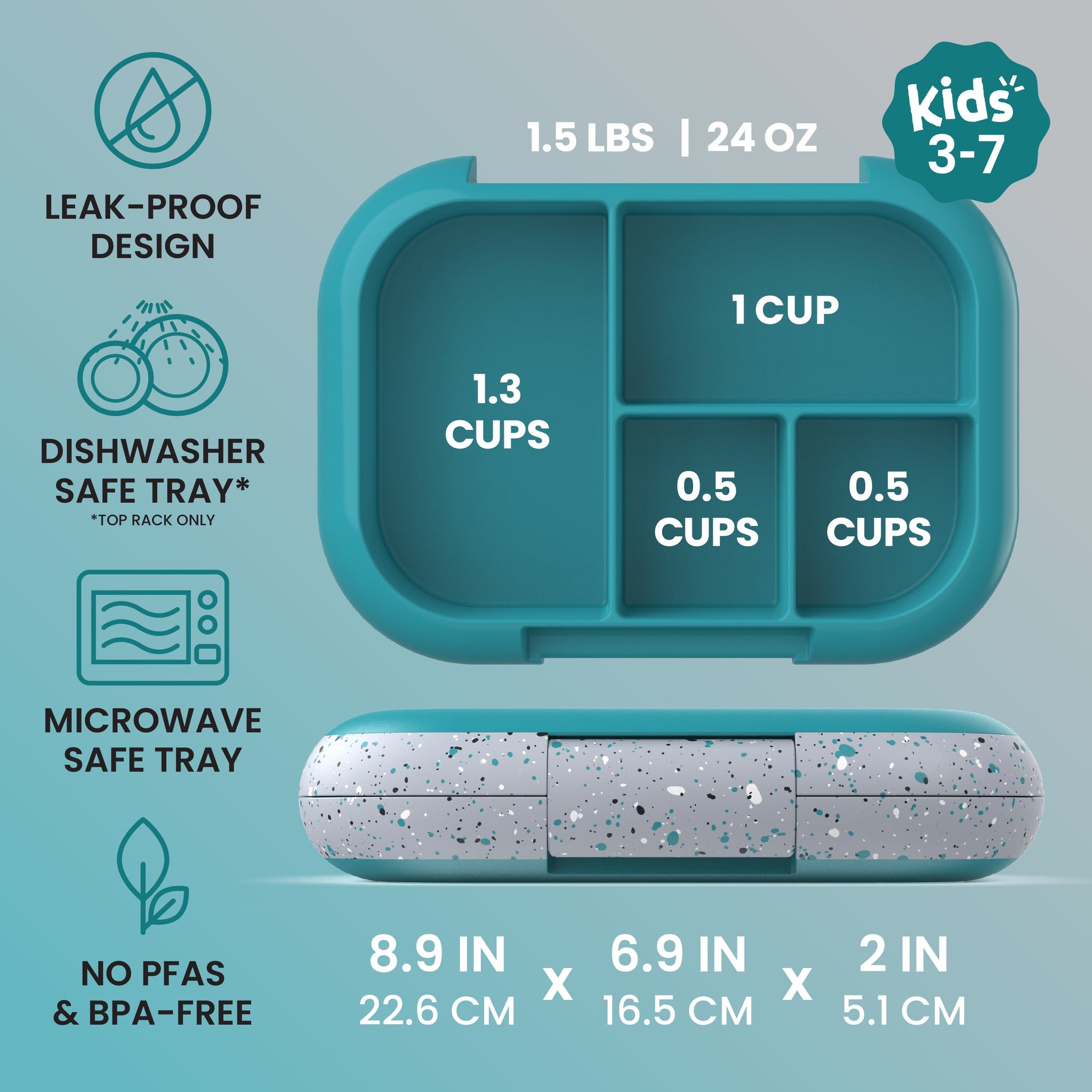 Bentgo® Chill Kids Lunch Box - Truly Teal Speckle | Kids 3-7 | Leak-Proof Design, Dishwasher Safe Tray (Top-Rack Only), Microwave Safe Tray, and No PFAS & BPA-Free | Product Dimensions