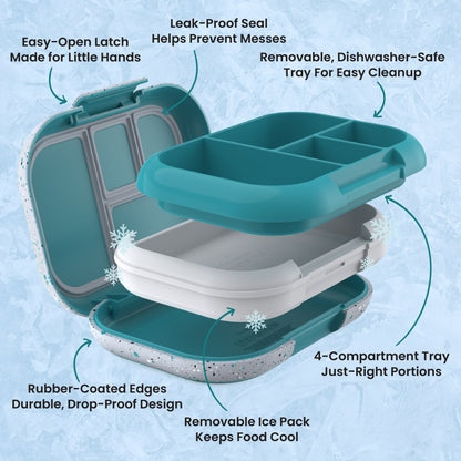 Bentgo® Chill Kids Lunch Box - Truly Teal Speckle | Easy-Open Latch Made for Little Hands, Leak-Proof Seal Helps Prevent Messes, Removable, Dishwasher-Safe Tray for Easy Cleanup, 4-Compartment Tray Just-Right Portions, Removable Ice Pack Keeps Food Cool, and Rubber-Coated Edges - Durable, Drop-Proof Design