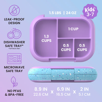 Bentgo® Chill Kids Lunch Box - Vivid Orchid Speckle | Kids 3-7 | Leak-Proof Design, Dishwasher Safe Tray (Top-Rack Only), Microwave Safe Tray, and No PFAS & BPA-Free | Product Dimensions