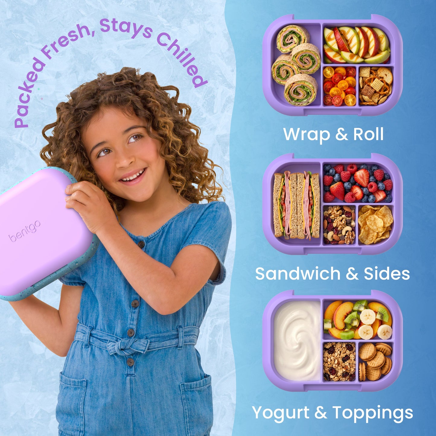 Bentgo® Chill Kids Lunch Box - Vivid Orchid Speckle | Packed Fresh, Stays Chilled - Wrap & Roll, Sandwich & Sides, and Yogurt & Toppings