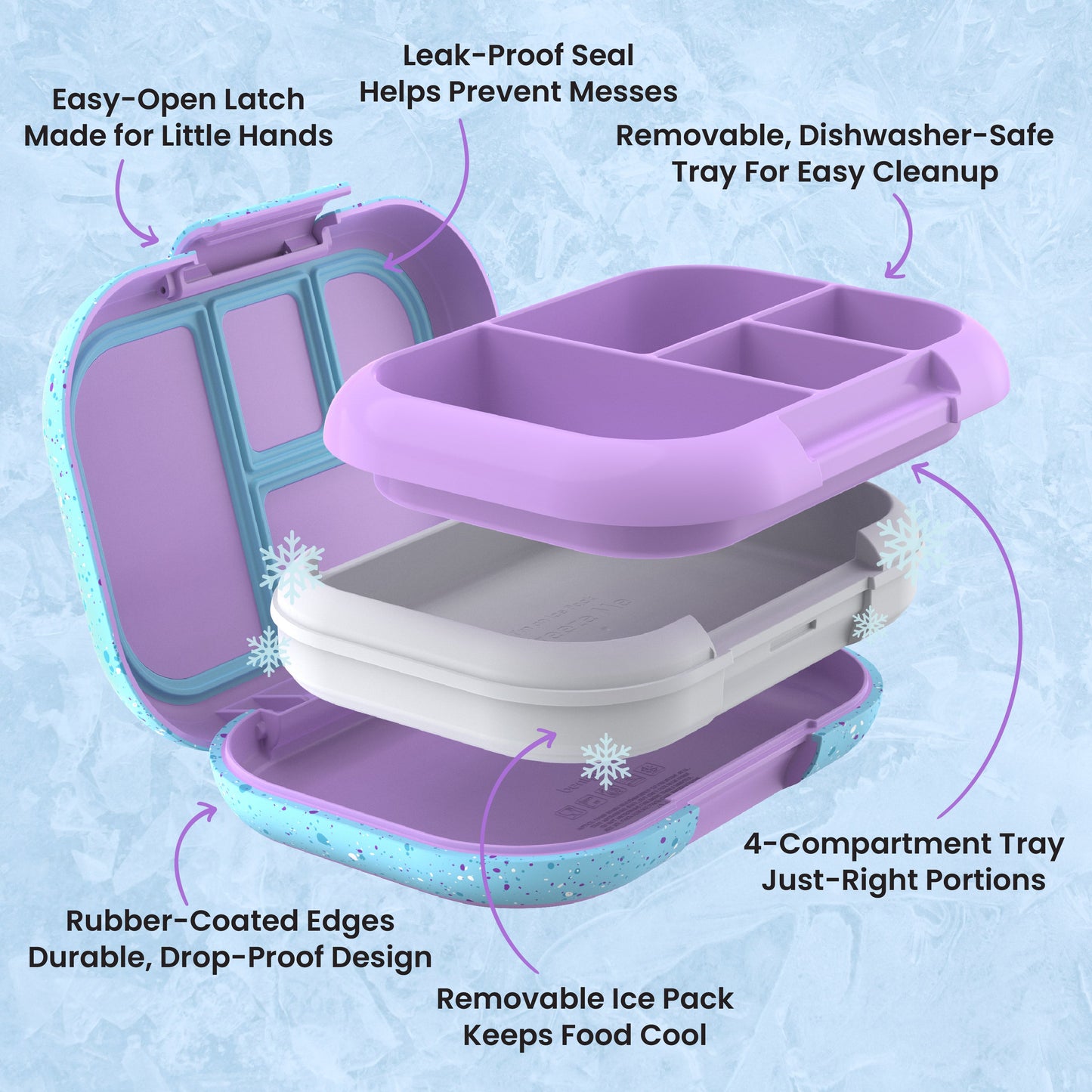 Bentgo® Chill Kids Lunch Box - Vivid Orchid Speckle | Easy-Open Latch Made for Little Hands, Leak-Proof Seal Helps Prevent Messes, Removable, Dishwasher-Safe Tray for Easy Cleanup, 4-Compartment Tray Just-Right Portions, Removable Ice Pack Keeps Food Cool, and Rubber-Coated Edges - Durable, Drop-Proof Design
