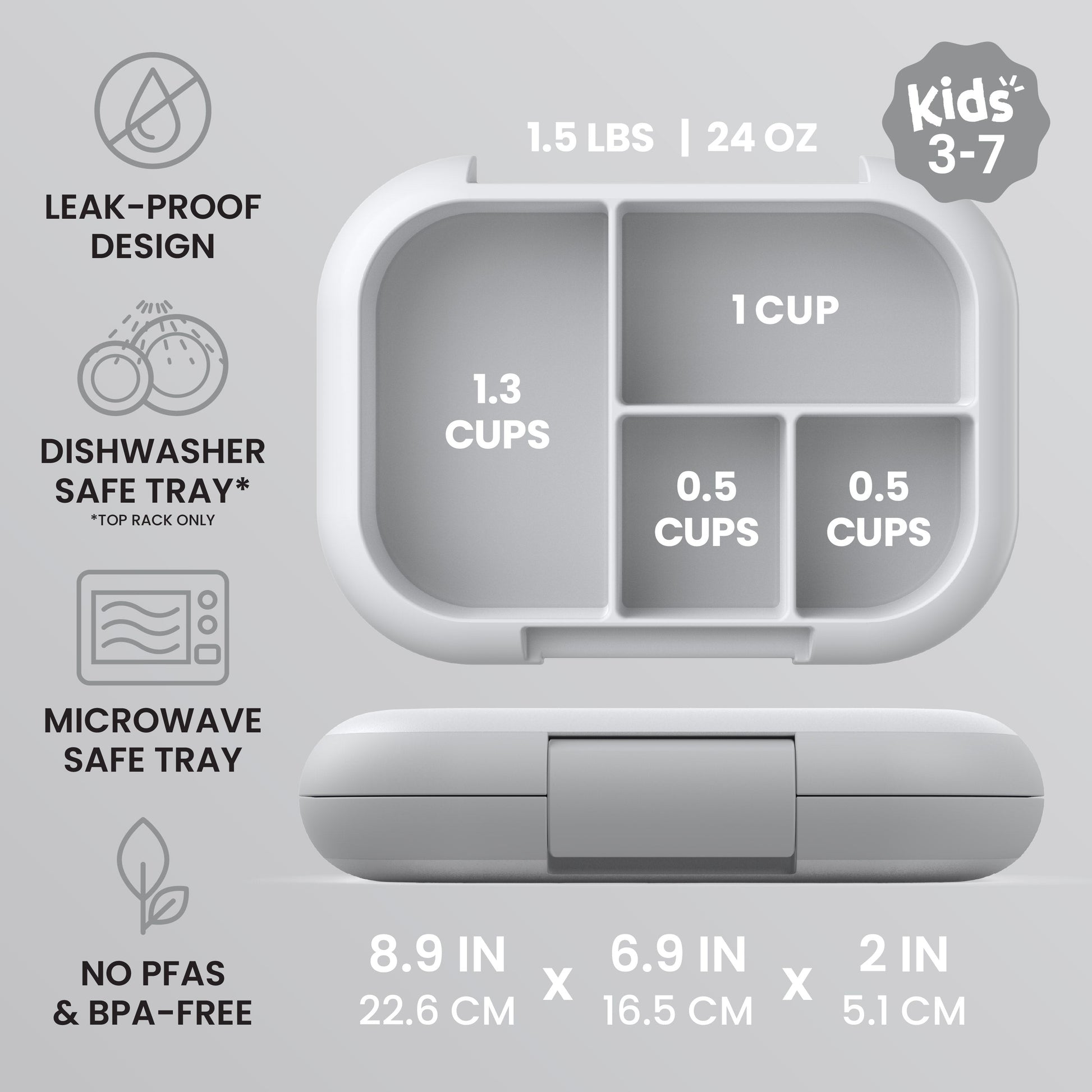 Bentgo® Chill Kids Lunch Box - Gray | Kids 3-7 | Leak-Proof Design, Dishwasher Safe Tray (Top-Rack Only), Microwave Safe Tray, and No PFAS & BPA-Free | Product Dimensions
