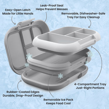 Bentgo® Chill Kids Lunch Box - Gray | Easy-Open Latch Made for Little Hands, Leak-Proof Seal Helps Prevent Messes, Removable, Dishwasher-Safe Tray for Easy Cleanup, 4-Compartment Tray Just-Right Portions, Removable Ice Pack Keeps Food Cool, and Rubber-Coated Edges - Durable, Drop-Proof Design