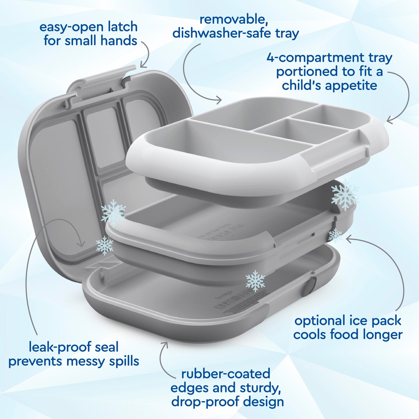 Bentgo® Chill Kids Lunch & Snack Box - Gray| Easy-Open Latch For Small Hands, Removable, Dishwasher-Safe Tray, 4-Compartment Tray Portioned To Fit A Child’s Appetite, Leak-Proof Seal Prevents Messy Spills, Optional Ice Pack Cools Food Longer, Rubber-Coated Edges And Sturdy, Drop-Proof Design