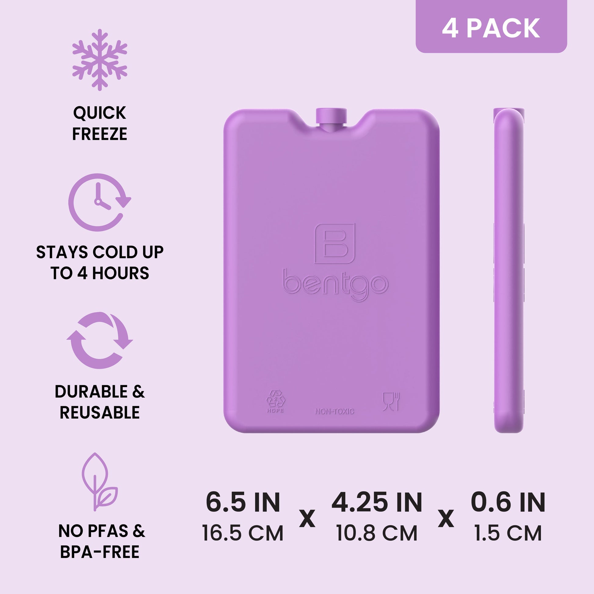 Bentgo Chillers Reusable Ice Packs (4-Pack) - Purple | Quick Freeze, Stays Cold Up to 4 Hours, Durable & Reusable, and No PFAS & BPA - FREE