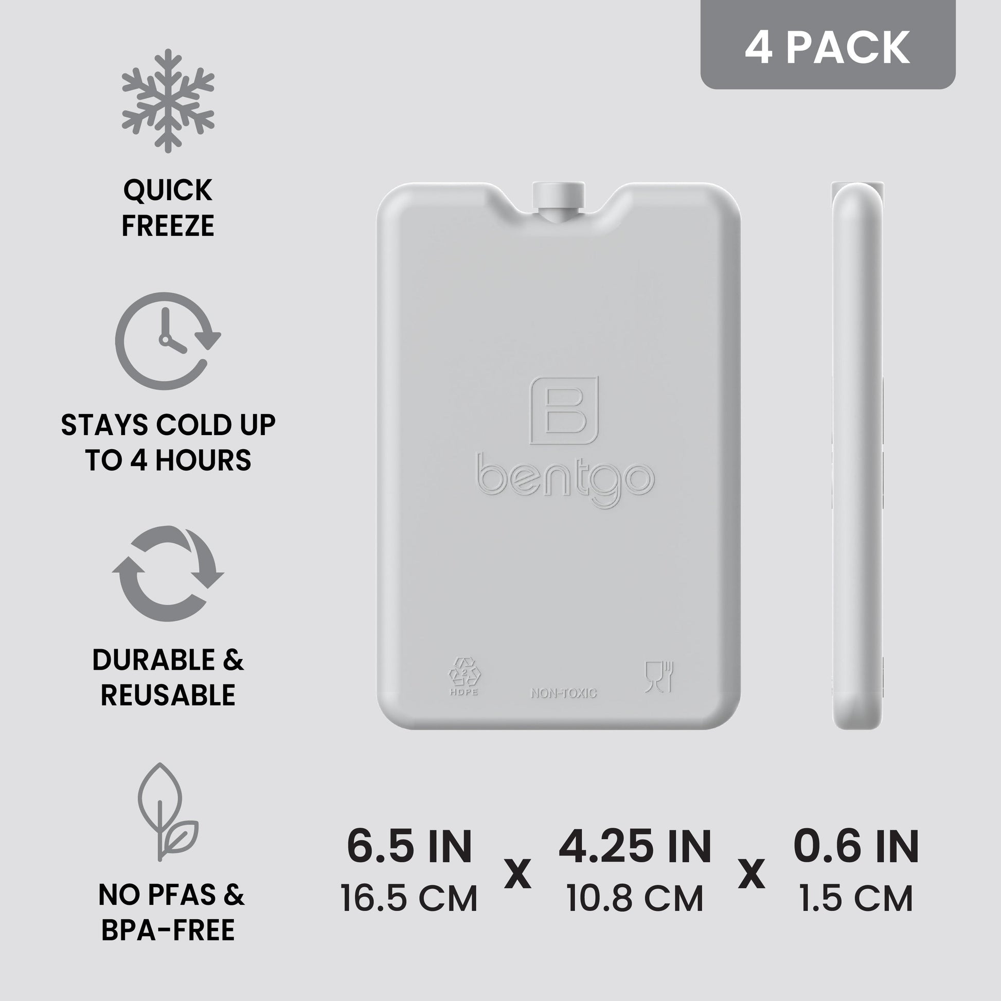 Bentgo Chillers Reusable Ice Packs (4-Pack) - Gray | Quick Freeze, Stays Cold Up to 4 Hours, Durable & Reusable, and No PFAS & BPA - FREE
