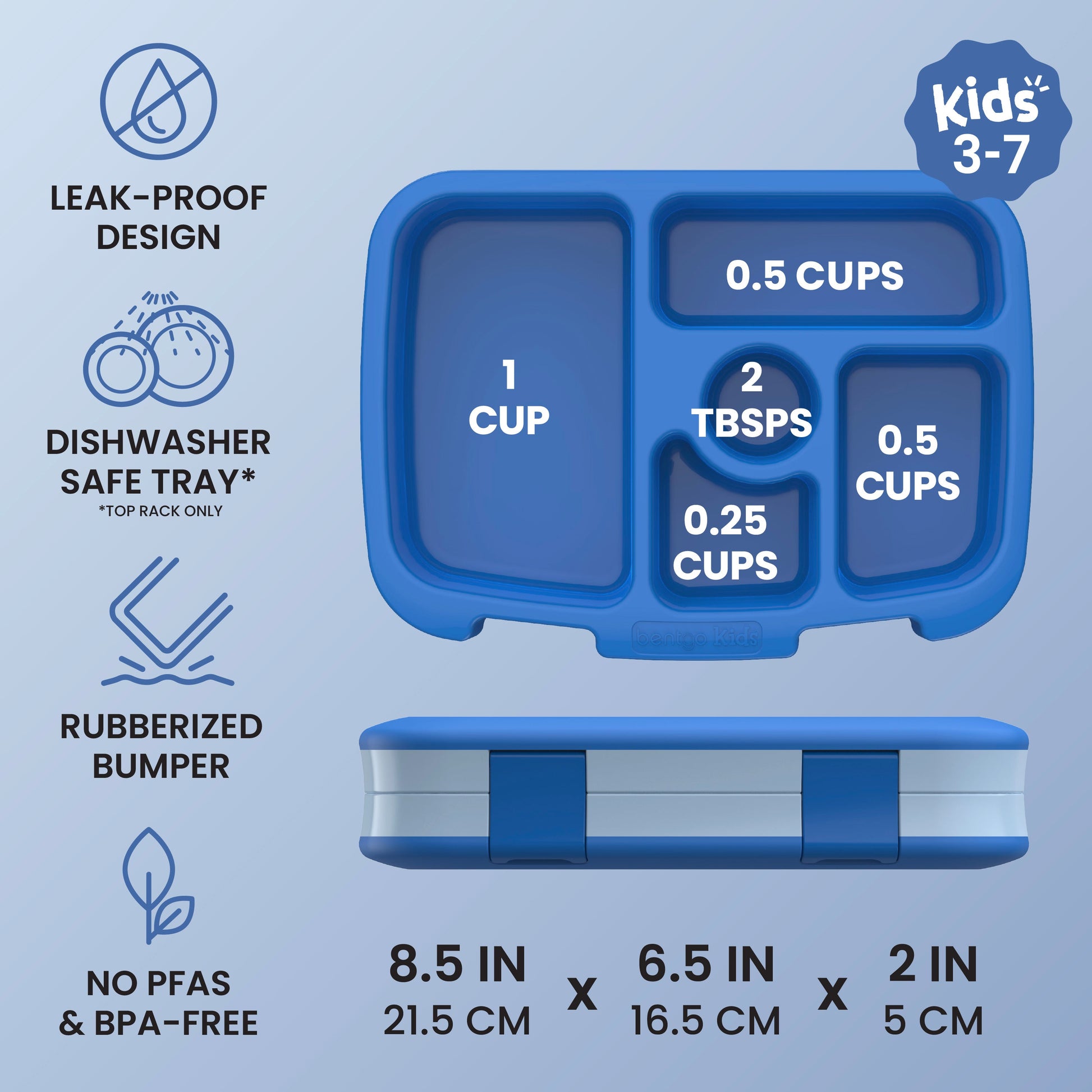 Bentgo® Kids Lunch Box - Blue | Kids 3-7 | Leak-Proof Design, Dishwasher Safe Tray (Top-Rack Only), Rubberized Bumper, and No PFAS & BPA-Free | Product Dimensions