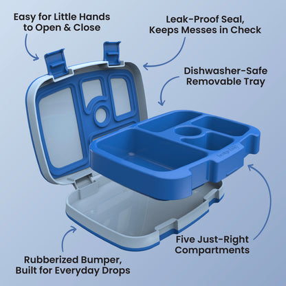 Bentgo® Kids Lunch Box - Blue | Easy for Little Hands to Open & Close, Leak-Proof Seal - Keeps Messes in Check, Dishwasher-Safe Removable Tray, Five Just Right Compartments, and Rubberized Bumper - Built for Everyday Drops
