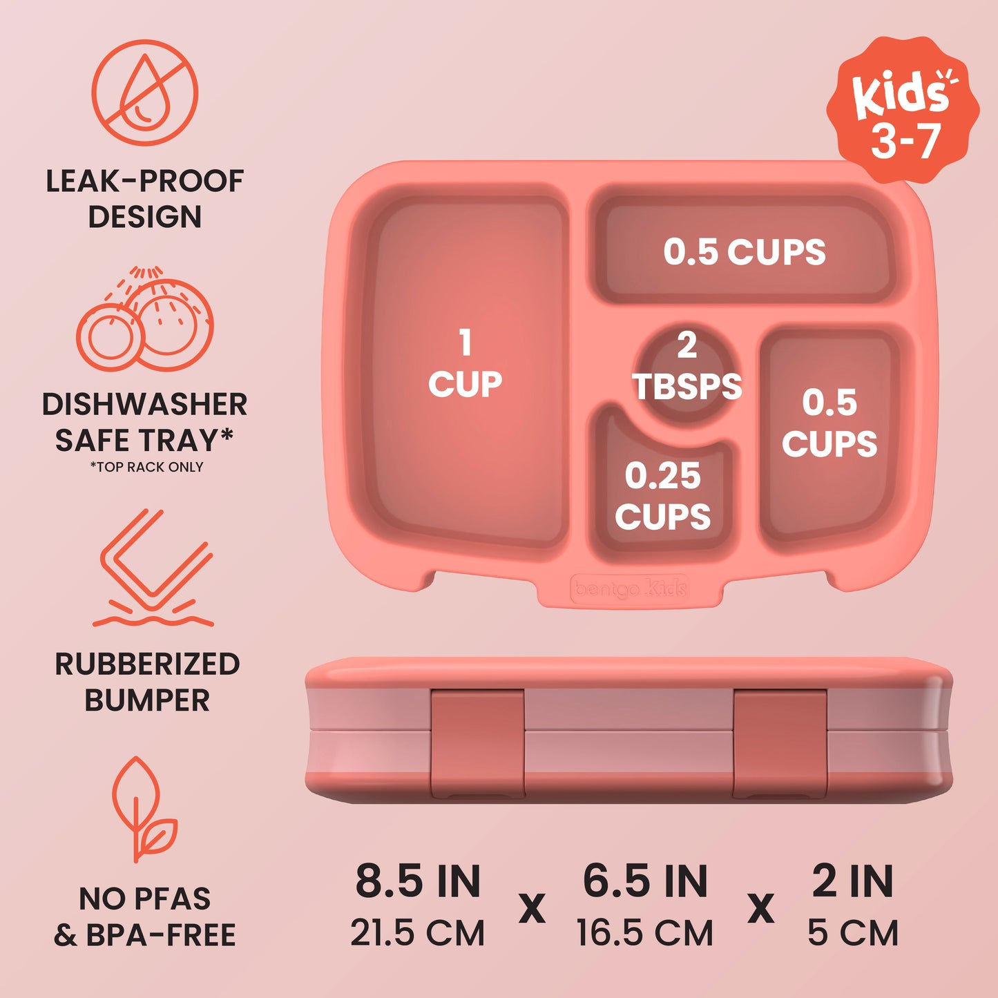 Bentgo® Kids Lunch Box - Coral | Kids 3-7 | Leak-Proof Design, Dishwasher Safe Tray (Top-Rack Only), Rubberized Bumper, and No PFAS & BPA-Free | Product Dimensions