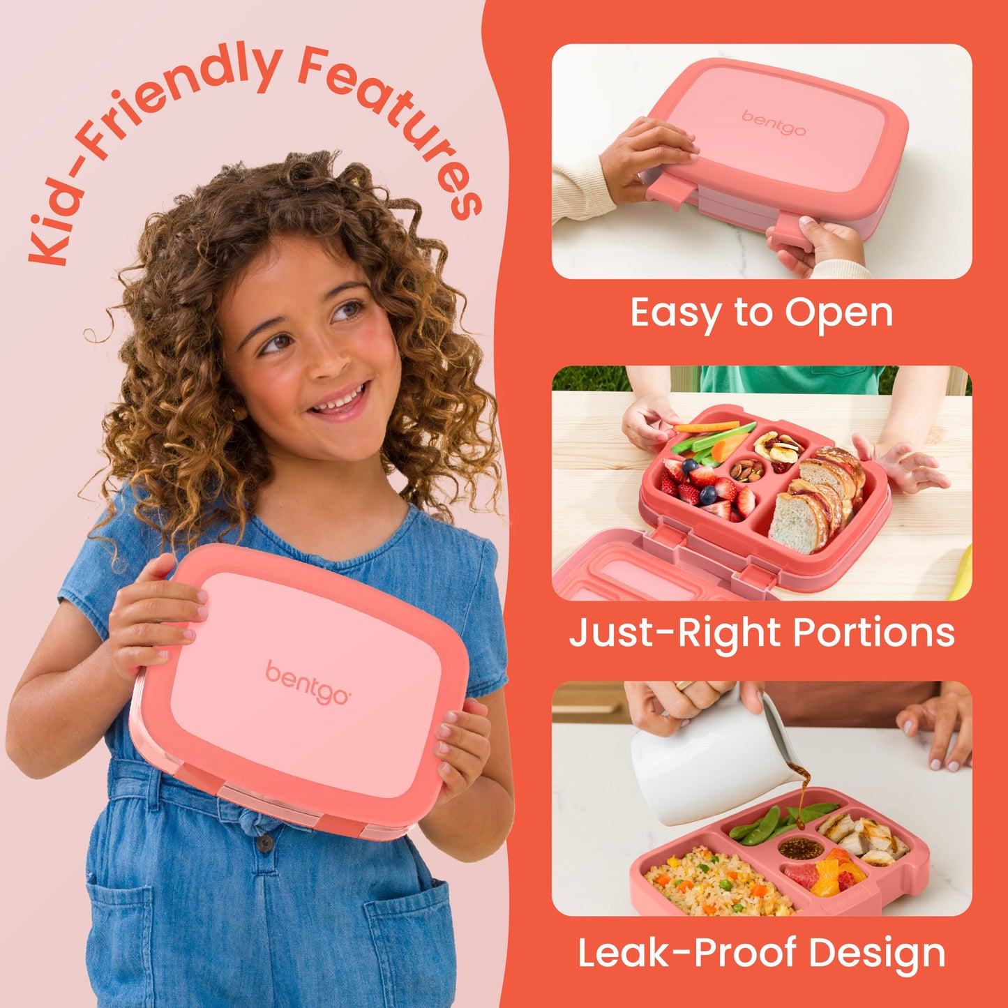 Bentgo® Kids Lunch Box - Coral | Kid-Friendly Features| Easy to Open, Just-Right Portions, and Leak-Proof Design