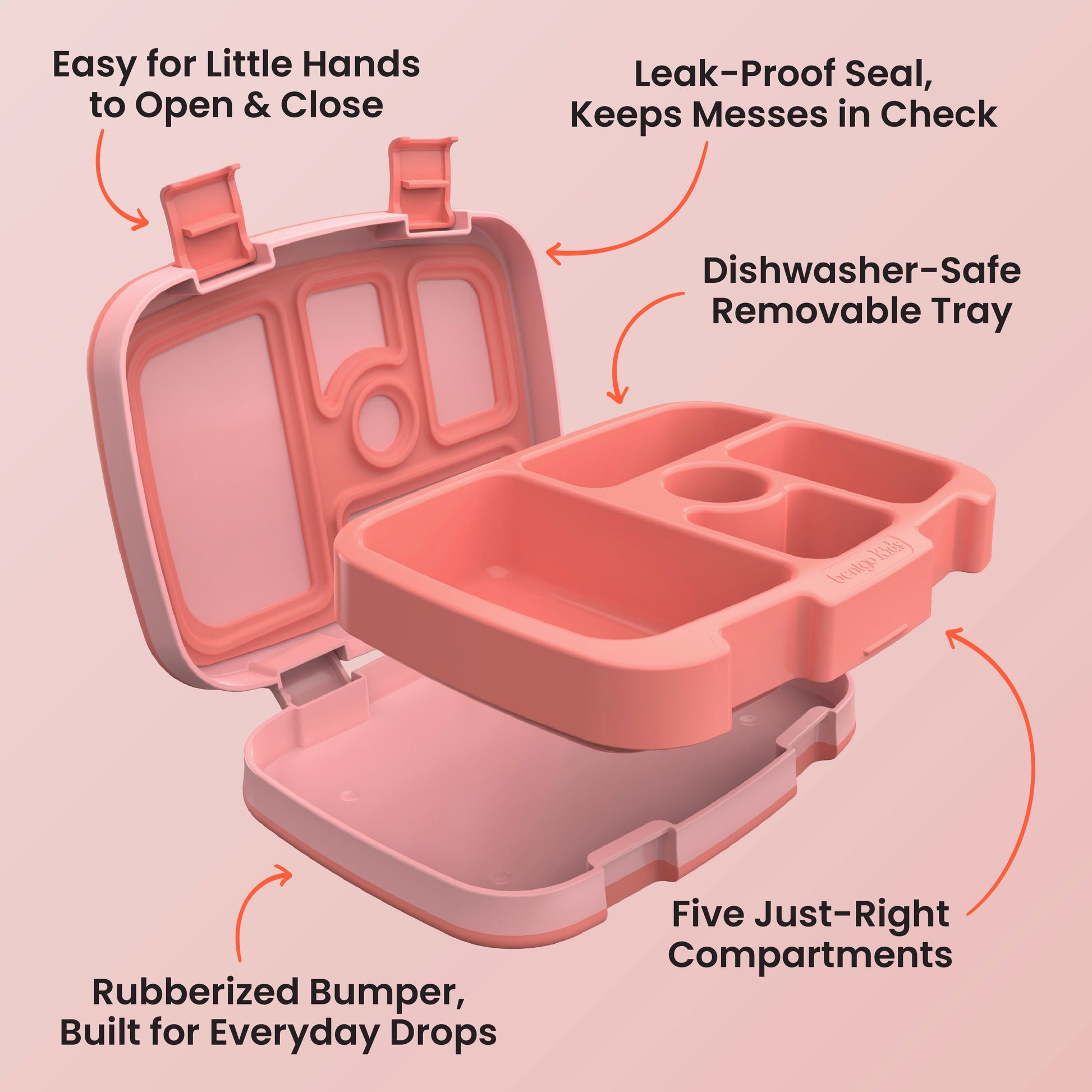 Bentgo® Kids Lunch Box - Coral | Easy for Little Hands to Open & Close, Leak-Proof Seal - Keeps Messes in Check, Dishwasher-Safe Removable Tray, Five Just Right Compartments, and Rubberized Bumper - Built for Everyday Drops