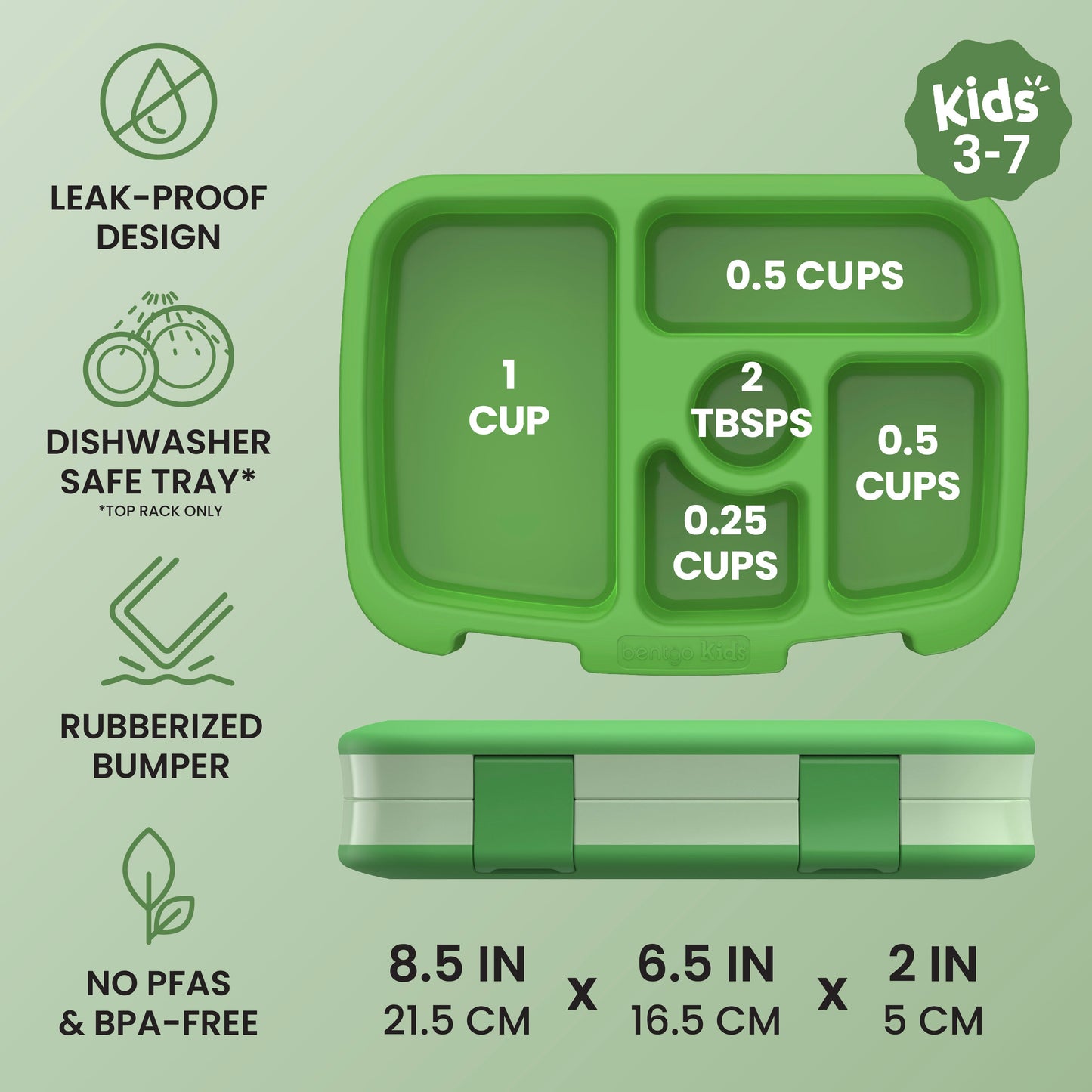 Bentgo® Kids Lunch Box - Green | Kids 3-7 | Leak-Proof Design, Dishwasher Safe Tray (Top-Rack Only), Rubberized Bumper, and No PFAS & BPA-Free | Product Dimensions