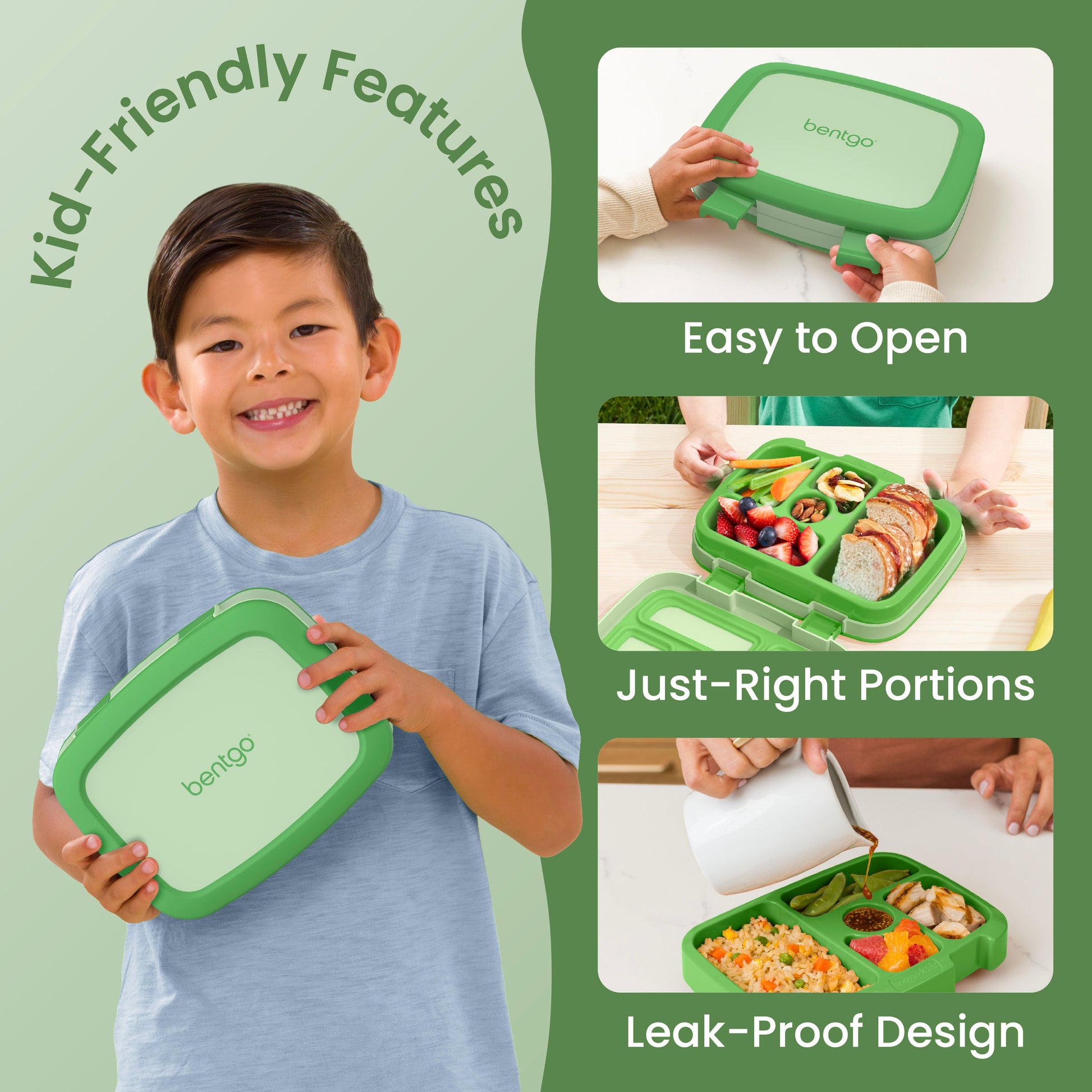Bentgo® Kids Lunch Box - Green | Kid-Friendly Features| Easy to Open, Just-Right Portions, and Leak-Proof Design