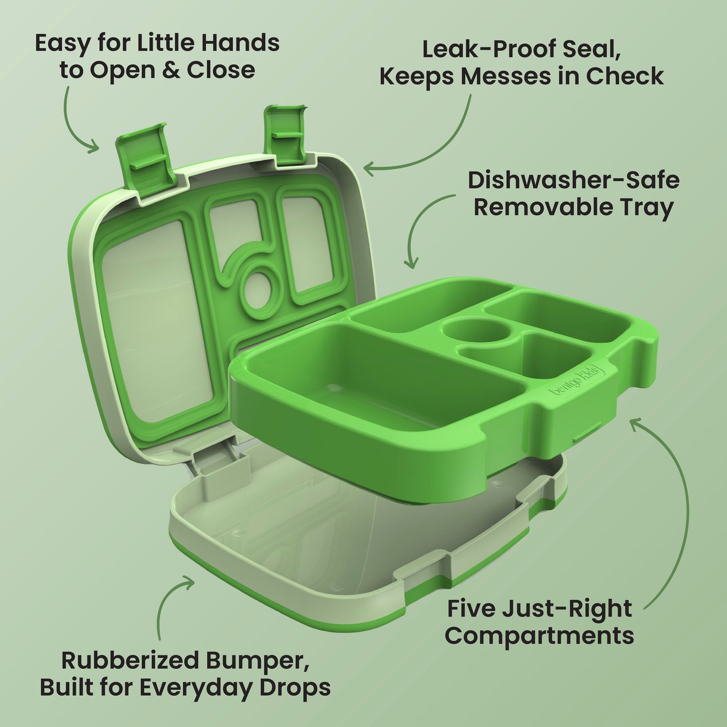 Bentgo® Kids Lunch Box - Green | Easy for Little Hands to Open & Close, Leak-Proof Seal - Keeps Messes in Check, Dishwasher-Safe Removable Tray, Five Just Right Compartments, and Rubberized Bumper - Built for Everyday Drops