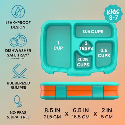 Bentgo® Kids Lunch Box - Orange | Kids 3-7 | Leak-Proof Design, Dishwasher Safe Tray (Top-Rack Only), Rubberized Bumper, and No PFAS & BPA-Free | Product Dimensions