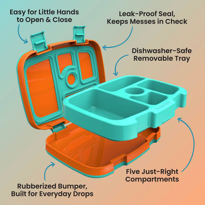 Bentgo® Kids Lunch Box - Orange | Easy for Little Hands to Open & Close, Leak-Proof Seal - Keeps Messes in Check, Dishwasher-Safe Removable Tray, Five Just Right Compartments, and Rubberized Bumper - Built for Everyday Drops