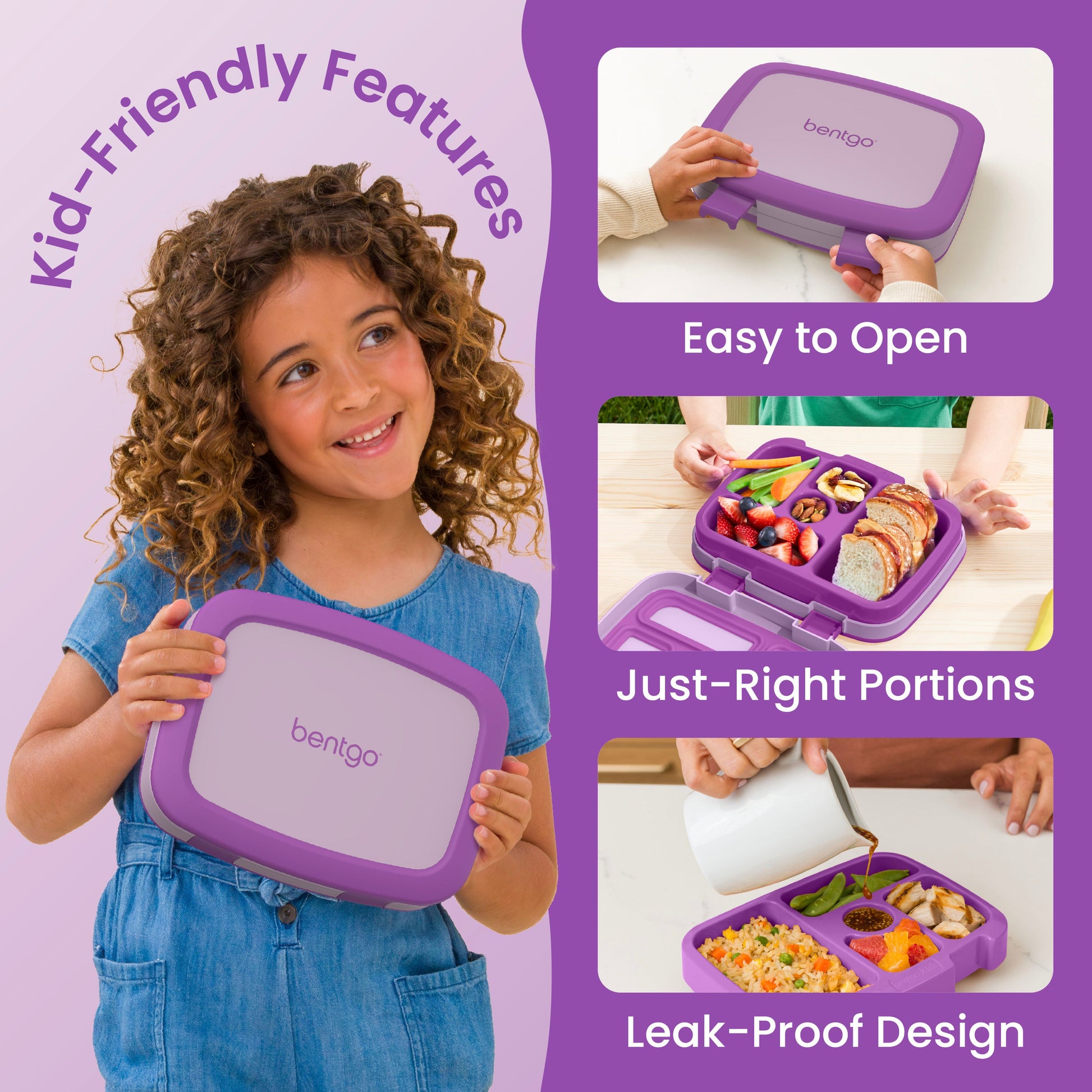 Bentgo® Kids Lunch Box - Purple | Kid-Friendly Features| Easy to Open, Just-Right Portions, and Leak-Proof Design