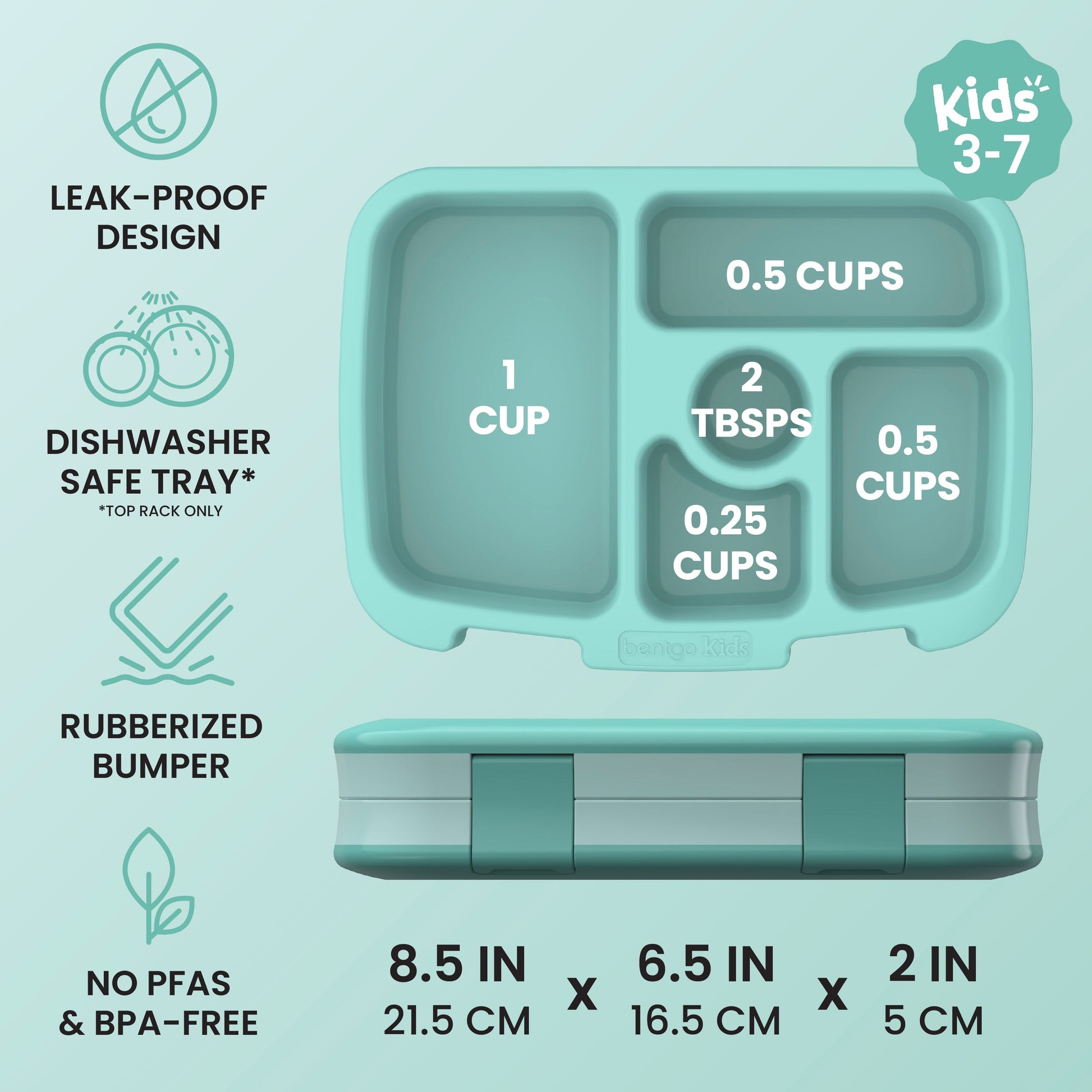 Bentgo® Kids Lunch Box - Seafoam | Kids 3-7 | Leak-Proof Design, Dishwasher Safe Tray (Top-Rack Only), Rubberized Bumper, and No PFAS & BPA-Free | Product Dimensions