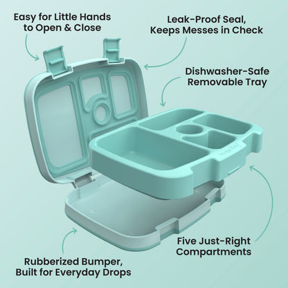 Bentgo® Kids Lunch Box - Seafoam | Easy for Little Hands to Open & Close, Leak-Proof Seal - Keeps Messes in Check, Dishwasher-Safe Removable Tray, Five Just Right Compartments, and Rubberized Bumper - Built for Everyday Drops