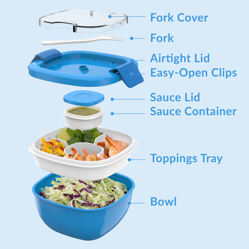 Bentgo® All-in-One Salad Container - Blue | Includes Fork Cover, Fork, Airtight Lid, Easy-Open Clips, Sauce Lid, Sauce Container, Toppings Tray, And Bowl