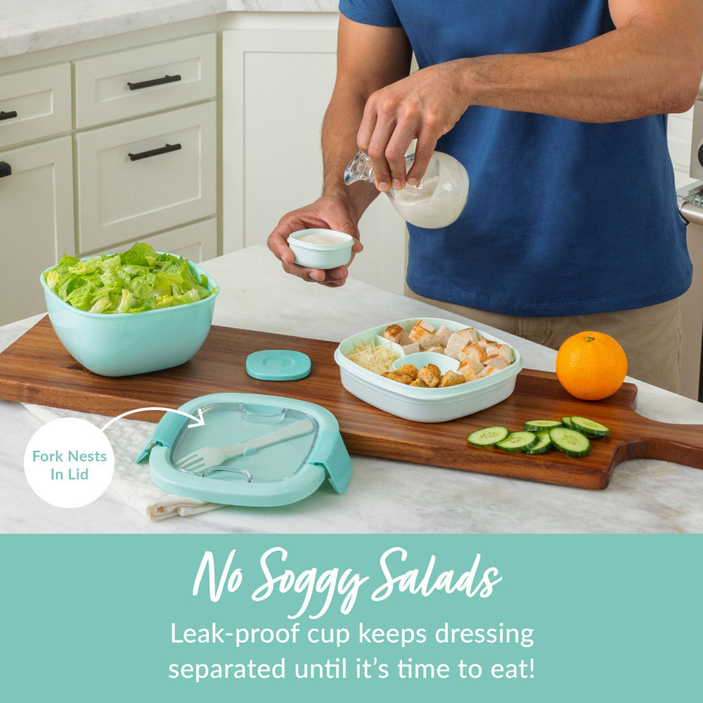 Bentgo® All-in-One Salad Container - Coastal Aqua | No Soggy Salads - Leak-Proof Cup Keeps Dressing Separated Until It’s Time To Eat!
