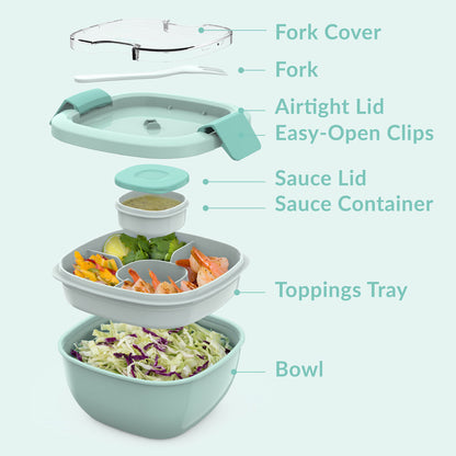 Bentgo® All-in-One Salad Container - Coastal Aqua | Includes Fork Cover, Fork, Airtight Lid, Easy-Open Clips, Sauce Lid, Sauce Container, Toppings Tray, And Bowl