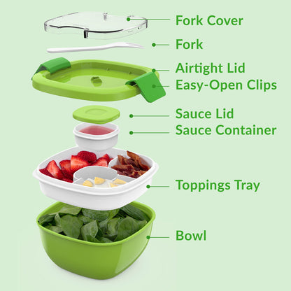 Bentgo® All-in-One Salad Container - Green | Includes Fork Cover, Fork, Airtight Lid, Easy-Open Clips, Sauce Lid, Sauce Container, Toppings Tray, And Bowl