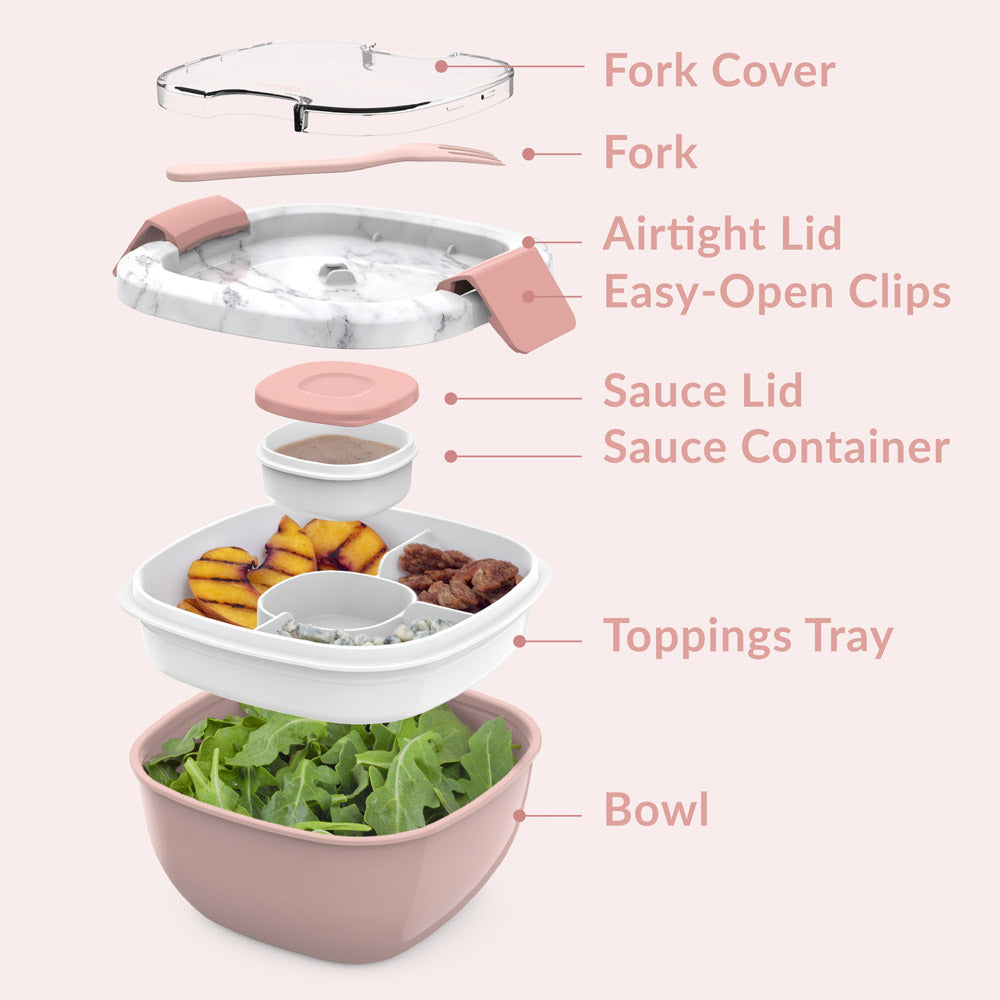 Bentgo® All-in-One Salad Container - Blush Marble | Includes Fork Cover, Fork, Airtight Lid, Easy-Open Clips, Sauce Lid, Sauce Container, Toppings Tray, And Bowl